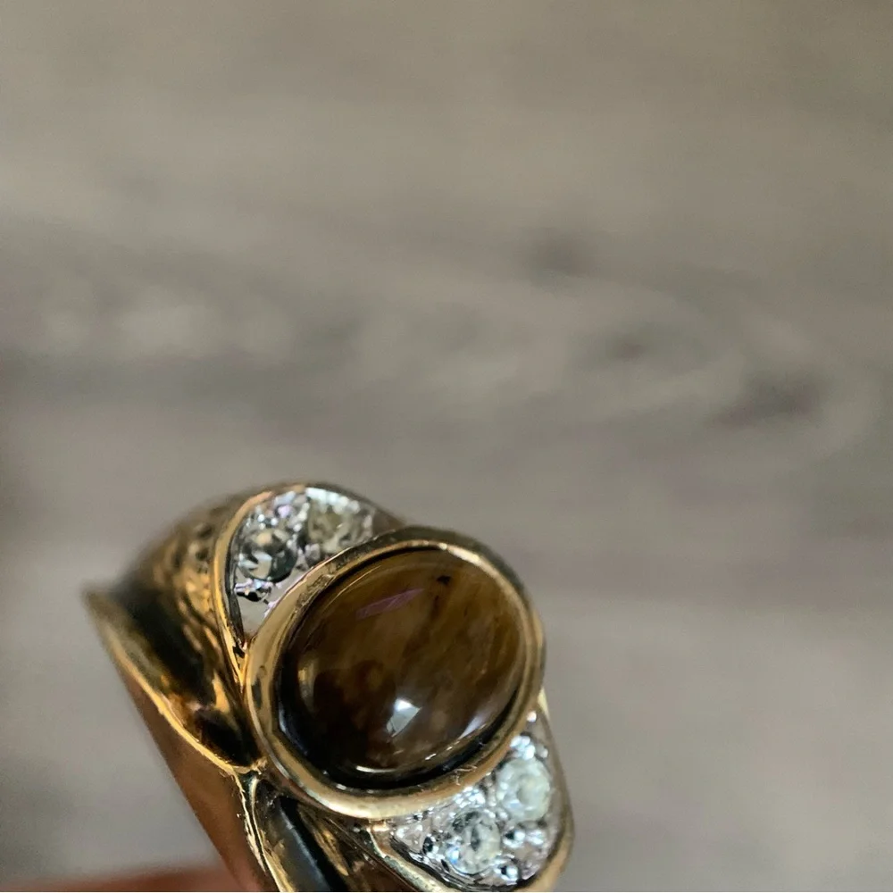 Vintage Seta Ring Men’s Gold Electroplate Tiger’s Eye Cubic Zirconia